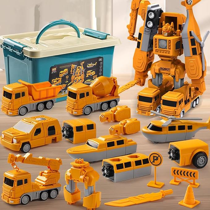 Magnetic Transform Engineering Car Assembled Toys with Storage Box,Magnetic Blocks for Toddlers,Constructo Modular Transforming Toy Set for Boys and Girls (Robot Construction Vehicles, Pieces, 26)