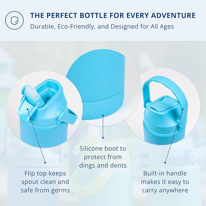 Re-Play 12 oz Water Bottle for Kids - Vacuum-Insulated Stainless Steel Tumbler with Flip-Straw, Silicone Base and Handle - Spill and Leak-Proof Design, Dishwasher and Freezer Safe, True Blue