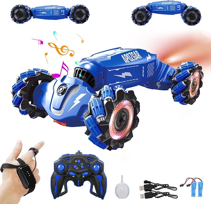 Upgraded Hand Gesture Sensing RC Stunt Car with Lights Music, Spray Drift RC Car 360 Spins All Terrains Hand Controlled Toy for 6-10 Year Old Boys