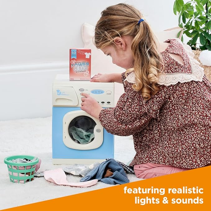 Casdon Blue Electronic Washer - Toy Washing Machine with Spinning Drum, Lights, & Sound Effects - Includes Laundry Basket & Washing Powder Box - Playset for Children Aged 3+