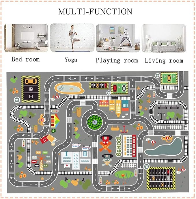 Car Rug Play Mat Great for Playing with Cars and Toys, Kid Playroom Carpet with Rubber Backing, Game Area for Baby Toddler Kid Child Educational Learn Road Traffic in Bedroom, Classroom