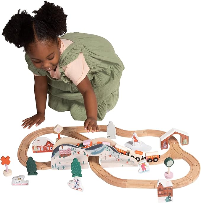 Manhattan Toy Alpine Express 49-Piece Wooden Toy Train Set with Scenic Accessories for Toddlers 3 Years and Up Multicolor