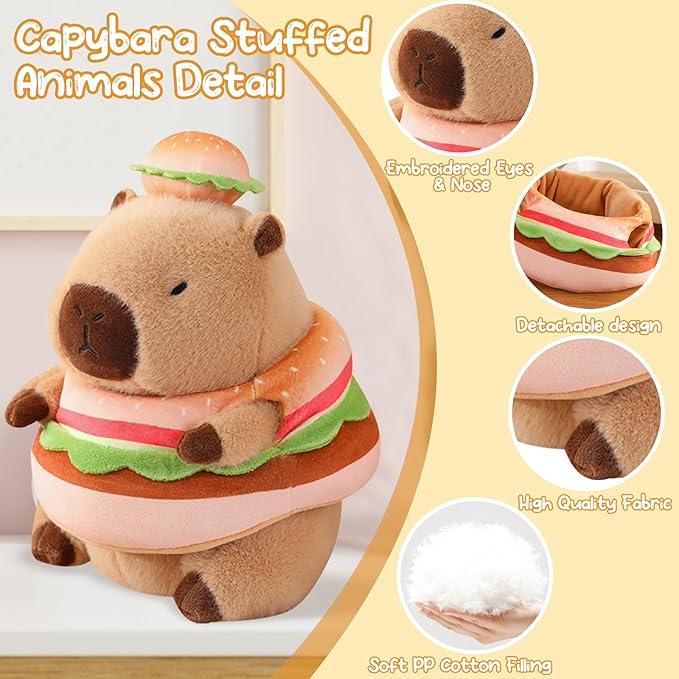 Capybara Plush Toy Kawaii Stuffed Animals with Hamburger Costume Soft Cute Plushies Capybara Doll for Girls Boys Kids Birthday Valentine Gift Room Decor 12 Inch