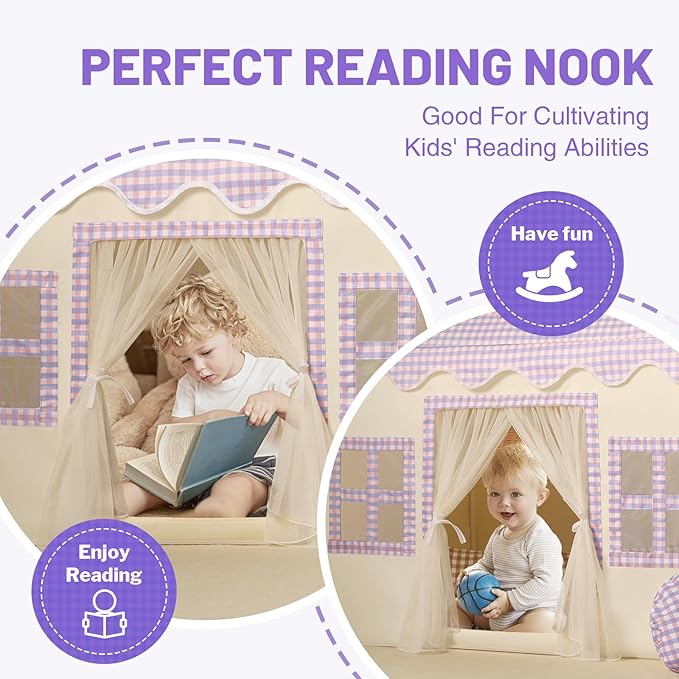 Kids Play Tent Indoor: Mat, Tassel Garland, Star Lights - Purple Checkered Girls Tent Playhouse for Toddlers Kids Toys for Boy Girl Birthday Gift