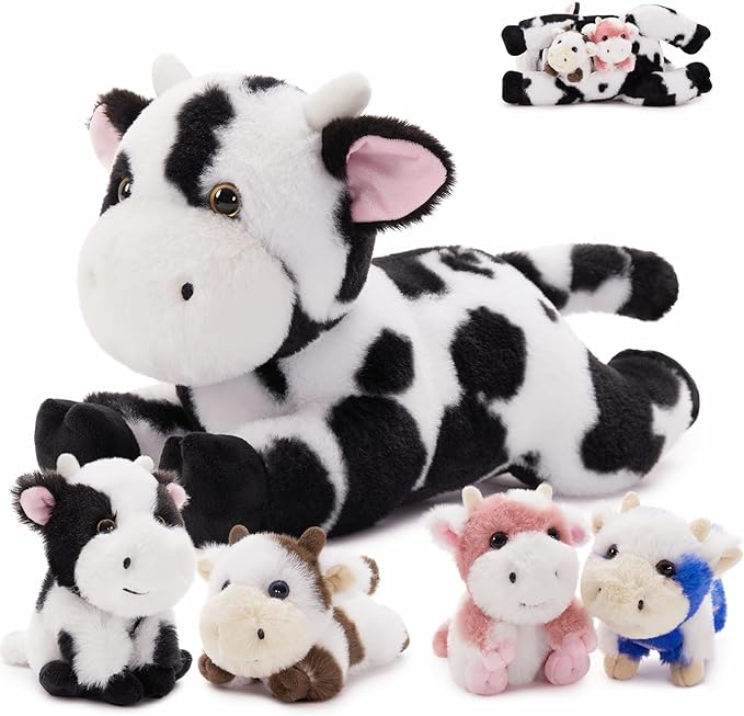 MorisMos 5Pcs Cow Plush Stuffed Animals, 16inch Mom Cow with 4 Babies, Realistic Stuffed Cows Plushies Toy for Kids, Boys, Girls
