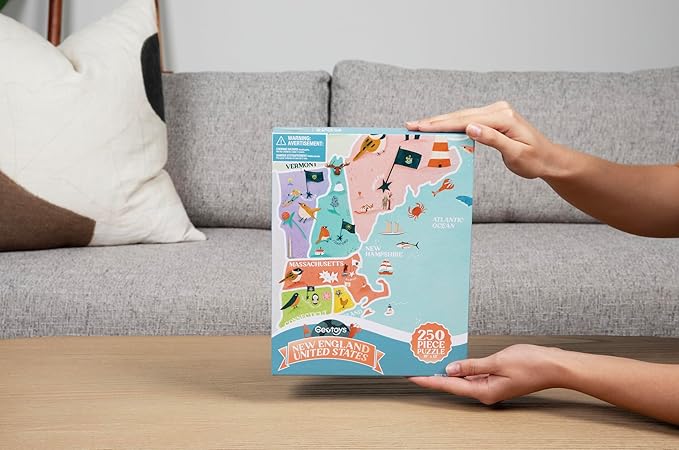 Geotoys New England Region Jigsaw Puzzle - 250 Piece Puzzle for Kids - Jigsaw Puzzles for Kids Ages 8-12 Years Old - Geography Puzzles with Colorful Landmarks, United States Flag and More