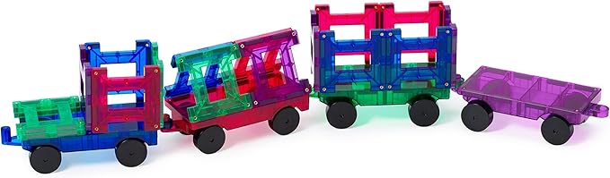 Playmags Magnetic Tiles Train Car Set for Kids - 55pcs Magnet Building Blocks Accessory Set with 4 Cars - Durable Creative STEM Learning Toys for Boys, Girls & Toddlers