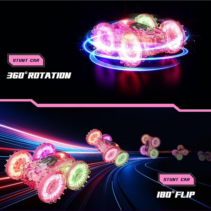 Amphibious Remote Control Car for Water or Land Play, RC Car for Kids Girls with LED Lights 4WD Stunt Car Pink Pool Toys with 70/36Minutes Play 2Batteries,360°Rotation,180°Flip,2.4GHz Remote