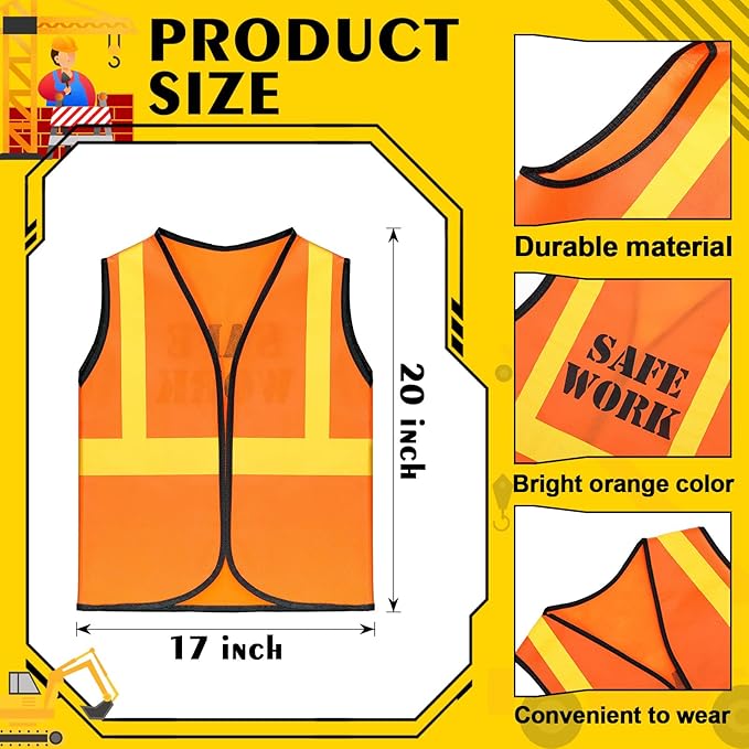 Bokon 24 Pcs Kids Construction Vest Kids Orange Safety Vest Children Construction Dressing Up Supplies for Construction Worker Costume Role Play Construction Party Birthday Party Supplies