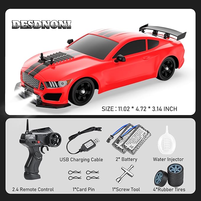 Remote Control Car RC Drift Car 1:16 Scale 4WD 18KM/H High Speed Model Vehicle 2.4GHz with LED Lights Spray Rubber Tire Racing Sport Toy for Adults Boys Girls Kids Gift 2Pcs Rechargeable Batteries