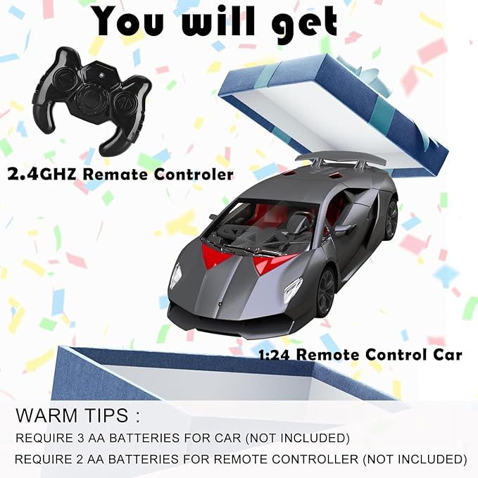 100 CLASSIC Remote Control Car, 1/24 Scale RC Sport Racing Toy Car, Compatible with Lamborghini Sesto Elemento Model Vehicle for Boys Girls Gray