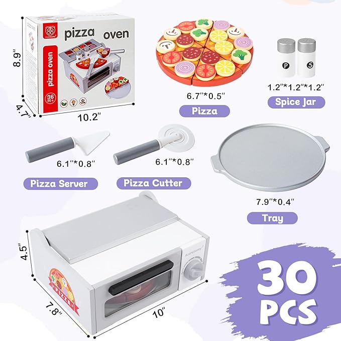 Wooden Pizza Toy for Kids, Toddlers Pizza Counter Playset, Pretend Play Food Set Kitchen Accessories with Bake Oven, Gifts for 3 4 5 6 Years Old Boys Girls