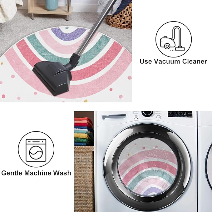 STARUIA Pink Round Rug for Girls, 5 Ft Rainbow Kids Rug for Nursery, Colorful Washable Rug for Bedroom, Non-Slip Circle Time Rugs Soft Polka Carpet for Kids Room Princess Castle