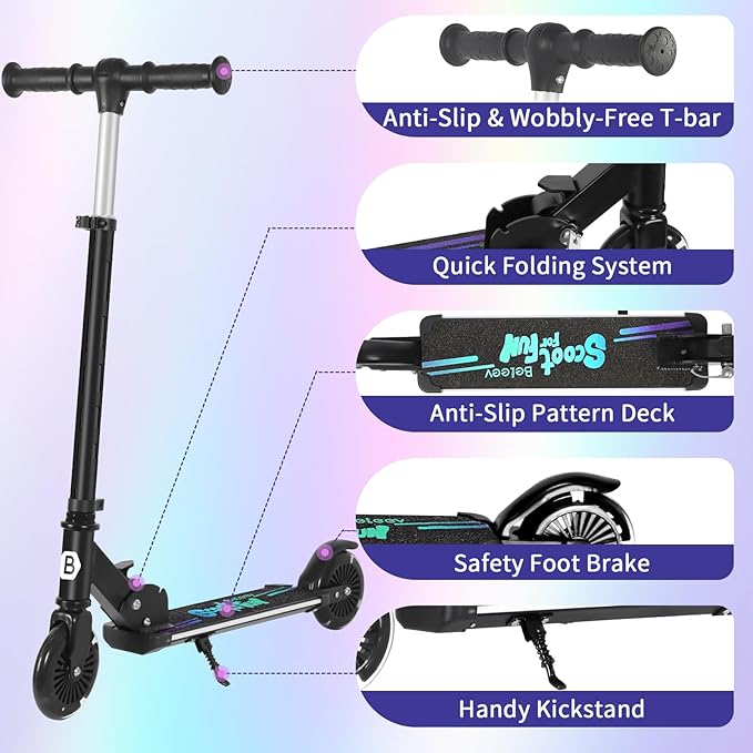 BELEEV V3 Scooter for Kids with Light-Up Wheels & Stem & Deck, 2 Wheel Folding Scooter for Girls Boys, 4 Adjustable Height, Lightweight Kick Scooter with Handy Kickstand for Children Ages 3-12
