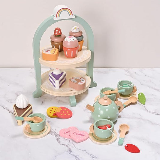 27pcs Wooden Tea Set for Little Girls, Toddler Tea Set Wooden Toys Play Kitchen Accessories with Cupcake Stand, Kids Tea Party Set Pretend Play Food Birthday Gift Playset
