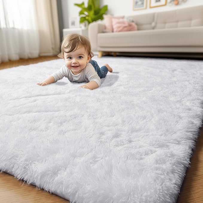 White Area Rugs for Bedroom Living Room, Fluffy Shag Rug 5x8 for Kids Room Decor, Modern Furry Plush Rugs for Baby Nursery, Teen Girls Boys, Cute Fuzzy White Fur Carpet for Dorm, Home Office, Playroom