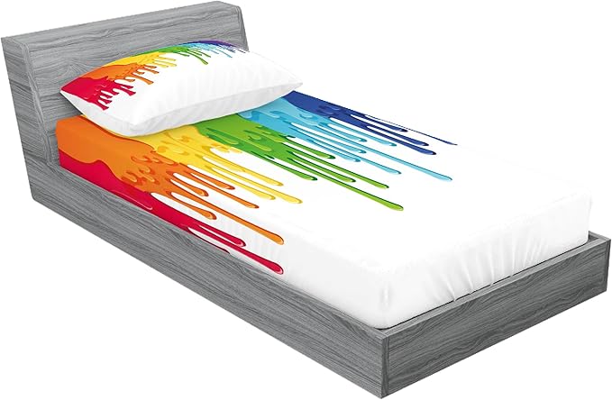 Ambesonne Abstract Fitted Sheet & Pillow Sham Set, Rainbow Colored Paint Leaking Splattered Drops Creative Graphic Design, Decorative Printed 2 Piece Bedding Decor Set, Twinxl, Rainbow Colors