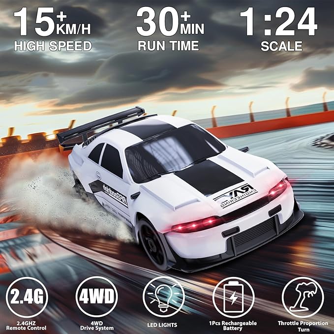 RC Drift Car 1:24 Remote Control Car 4WD 15KM/H High Speed Racing Sport Car with LED Lights RC Cars Toy Cars for Kids Boys Girls Adults Gifts Birthday Christmas Rechargeable Batteries