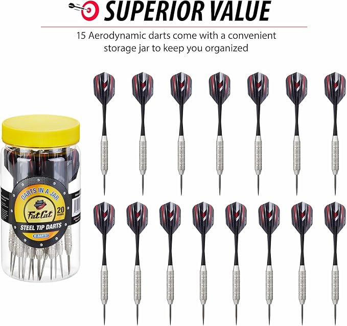 Fat Cat Darts Set in a Jar: Steel Tip Darts with Storage/Travel Container, 20 Grams (Pack of 15, 21 and 27 Darts)