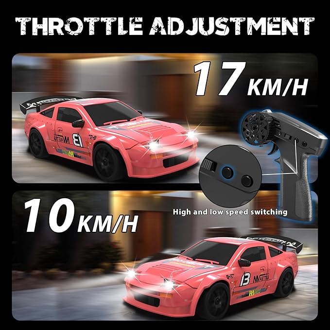 RC Drift Car, 1/24 Remote Control Car, 2.4Ghz 17KM/H High Speed RC Cars with LED Lights, Extra Tires, 2 Rechargeable Batteries, 4WD Racing Car Toys Christmas Birthday Gift for Kids Boys Girls Adults