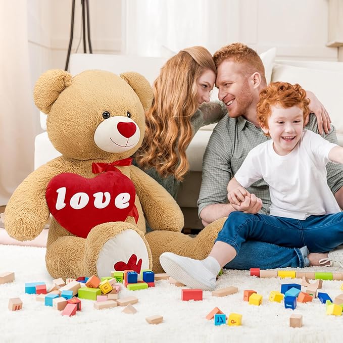 MorisMos Love Heart Giant Teddy Bear 4ft, 51inch Red Heart Large Bear for Girlfriend, Soft Valentine Stuffed Animals Plush Gift for Boyfriend Kids, Brown