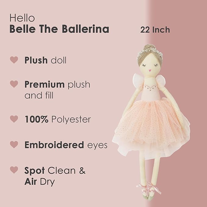 MON AMI Belle The Ballerina Stuffed Doll – 22”, Plush Ballerina Doll for Girls, Use as Toy or Room Decor