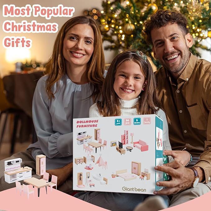 Giant bean 36pcs Wooden Dollhouse Furniture Set with Dolls for 5 Rooms, Wood & Plastic Pink Dollhouse Accessories Pretend Play Furniture Toy Christmas Birthday Gift Toy for Kids Boys Girls Toddler 3+