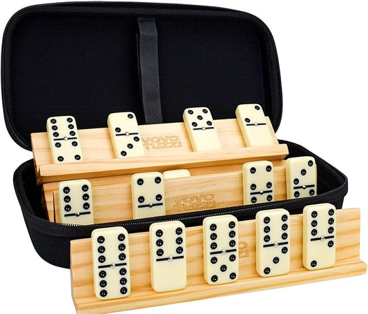 Dominos Set for Adults, Dominoes Set Double 6, Dominos for Kids, 28 Tiles, with 4 Wooden Racks/Tracks, Dominoes Set for Adults and Kids, with Travel Case - Classic Board Games for Family