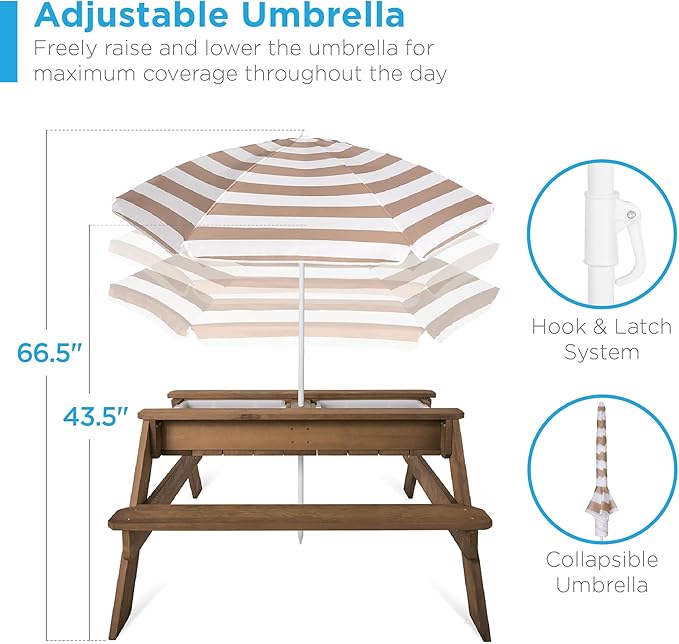 Best Choice Products Kids 3-in-1 Sand & Water Table, Wood Outdoor Convertible Picnic Table w/Umbrella, 2 Trays, Removable Top, 220lb Capacity Per Bench -Walnut/Beige