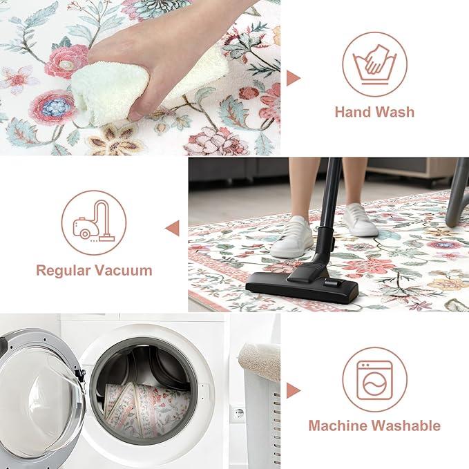 Washable Floral Area Rug, 3x5 Pink Indoor Entryway Rug Soft Non-Slip Botanical Kitchen Rugs, Ultra Thin Modern Flower Birds Throw Carpet for Living Room Bedroom Nursery Foyer