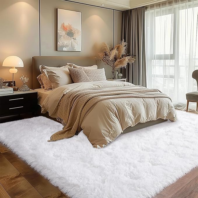 Super Fluffy Area Rug for Bedroom, Modern Shag White Area Rugs, Soft Plush Small Carpet for Kids,Girls Boys and Teens Decorations for Living Room Dorm Nursery Classroom, 5x7 Feet