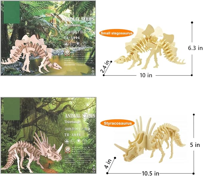 3D Wooden Dinosaur Puzzle - 6 Piece Set Wood Dinosaur Skeleton Model Puzzle - DIY Wooden Crafts 3D Puzzle - STEM Toys Gifts for Kids and Adults