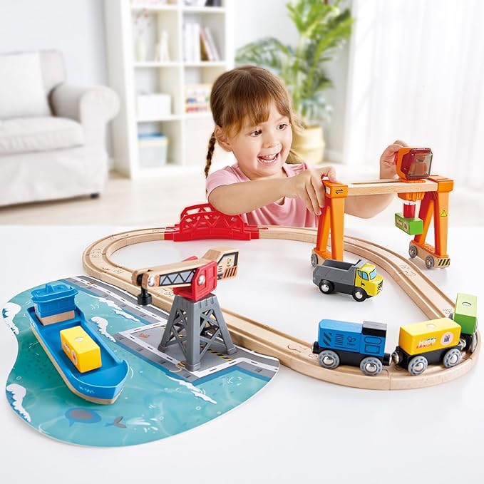 Hape Lift & Load Harbor Set | Toy Train and Boat Set with Cranes, for Children Ages 3Y+
