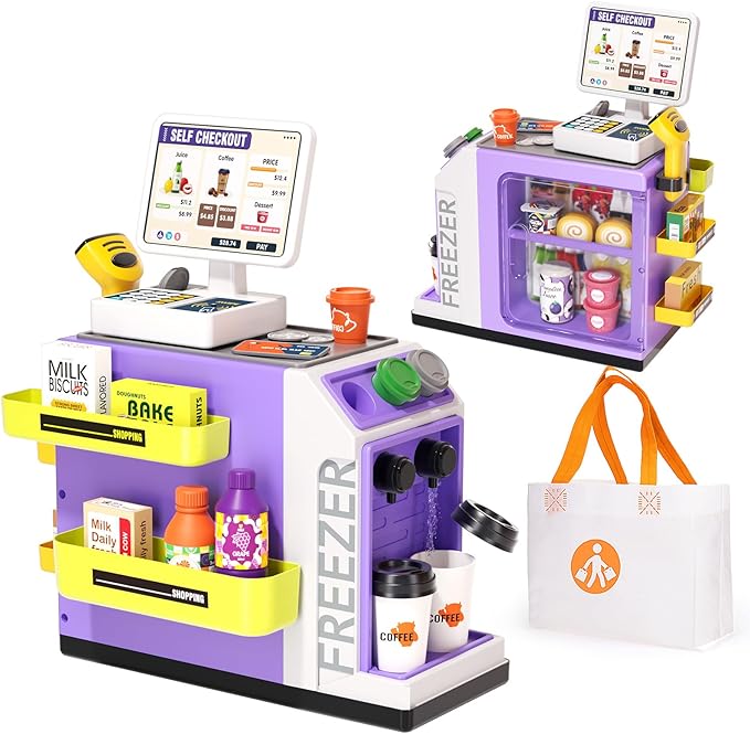 48-Piece Pretend Play Cash Register Toy Set for Kids with Water Outlet Function - Calculator, Shopping Bag, Scanners, Coffee Machine, Play Food - Gift for Boys and Girls Ages 3+ (Purple)