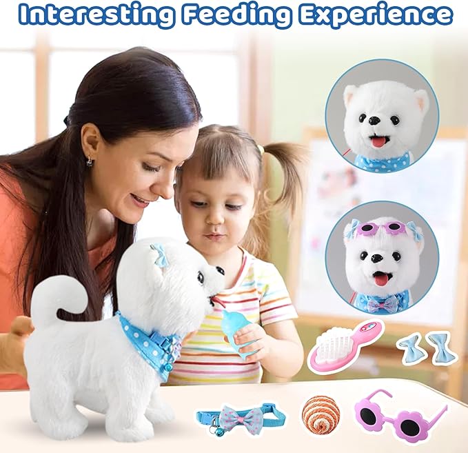 Samoyed Walking Dog Toy for Kid Girl Puppy Toy Licking Barking with Leash, Electric Talking Singing Tail Wag Plush Robot Doggy DIY Pretend Dress Up Interactive Dog