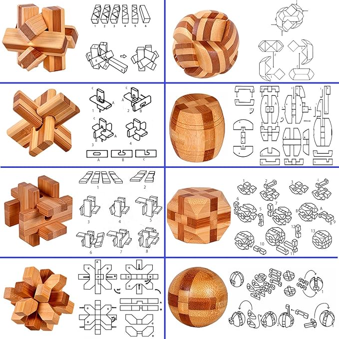 18 Pack Wooden Brain Teaser Puzzles Stress Relief Sensory Toys Wooden Burr Puzzles Brain Teaser Puzzle with Gift Packing Box Magic Puzzle Games Toy for Kids and Adults by AHYUAN (Bamboo)