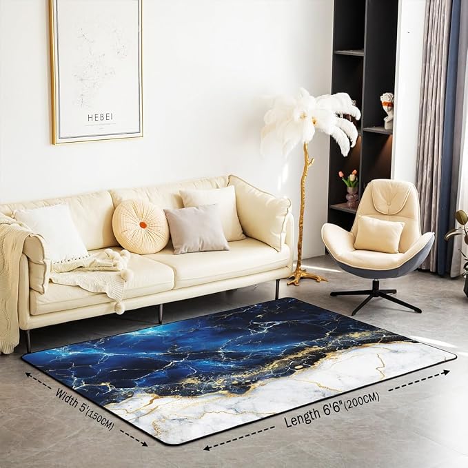 Erosebridal Marble Area Rug 5x6'6'', Gold Giltter Rug, Navy Blue Stone Marble Carpet for Adult Men Women, Tie Dye Fluid Magma Abstract Art Hipster Non Shedding Decorative Rug for Bedroom
