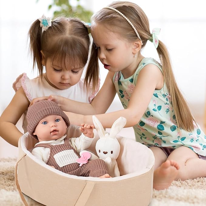 12" Baby Dolls with Carrier Bassinet,Newborn Alive Doll with Accessories and Knit Clothes Includes Pacifier,Bunny Toy,First Baby Doll for Toddlers 3 Ages and Up