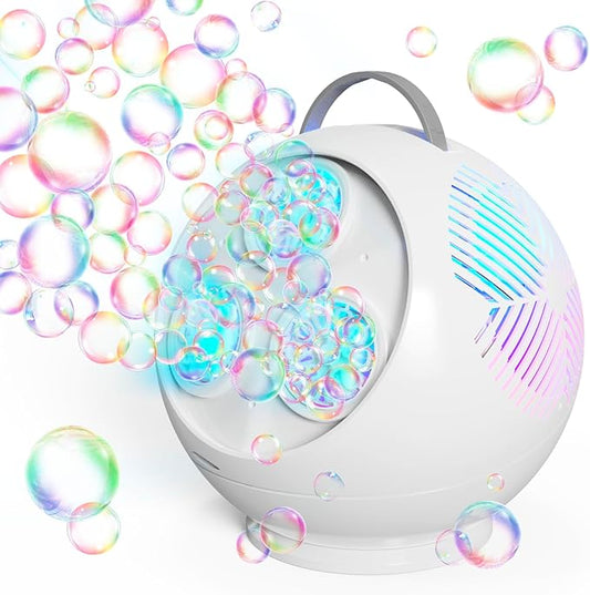 Bubble Machine Automatic Spherical Bubble Blower for Kids Rechargeable Portable LED RGB Lights Bubble Maker Auto Rotating 45°/360° Outdoor for Birthday Party Wedding Crackle White (White)