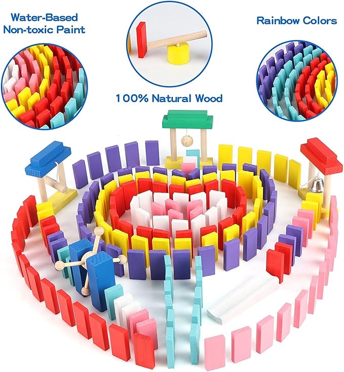 1000 PCS Dominoes Set for Kids with Extra 11 Blocks, Wooden Building Blocks 10 Colors Dominoes Racing Tile Games Educational Toy for Kids Birthday Party with Storage Bag