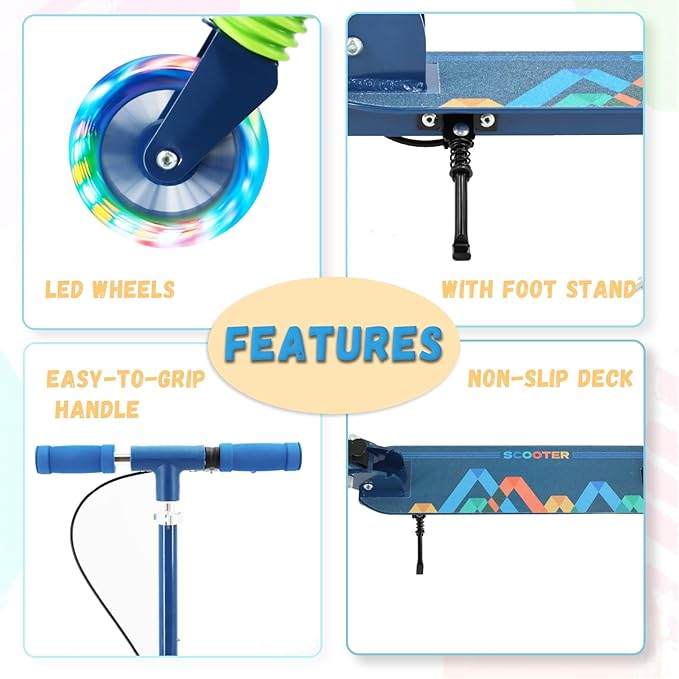 TENBOOM Scooter Kids Scooter with Handbrake, Toddler Scooter Scooters for Kids 3+, Light up LED Wheels Toys for Kids, Adjustable Handlebar, Foldable Scooter for Kids