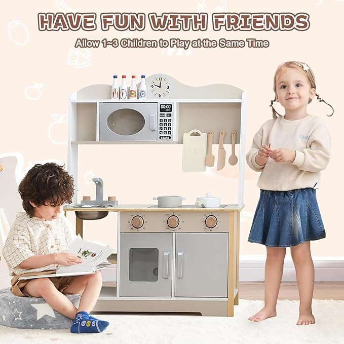 Kids Play Kitchen, Wooden Toy Kitchen Playset for Kids with 12 Pcs Toy Food & Cookware Accessories, Childrens Pretend Kitchen Playset for 3+ Years Old