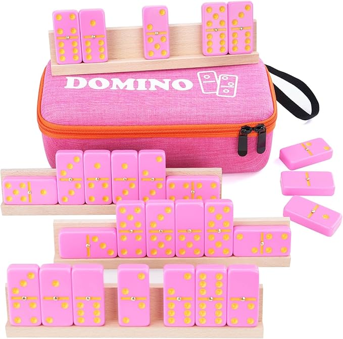 KAILE Double 6 Jumbo Dominoes 28 Tiles Classic Board Games for Kids and Adults with 4 Racks and Bag (Pink)