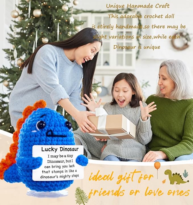 Funny Easter Basket Stuffers Positive Crochet Animals Dinosaur, Stress Relief Gifts for College Student Graduation Boyfriend Husband Women Birthday Desk Decor(Deep Blue Dinosaur)