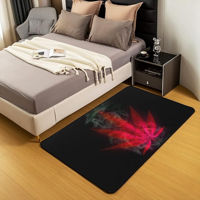Marijuana Area Rug 5x7, Red Cannabis Leaf Printed Rug for Adult Women Teens Marijuana Weed Leaf Carpet, Exotic Leaves Rustic Boho Trippy Hippie Theme Non Shedding Decorative Rug for Bedside