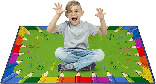 Classroom Rug Carpet Learning Educational Elementary School Daycare Nursery Non Slip Soft Washable ABC Numbers Reading Alphabet Letter Seating Area Rug (3.2 x 5ft, E009-PencilABC-Economy)