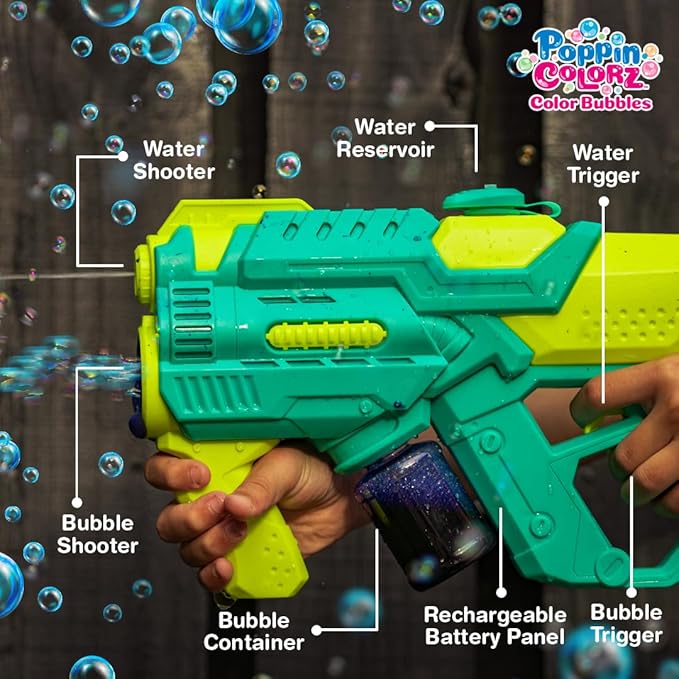 PoppinColorz Hydra Rechargeable 2-in-1 Color Bubbles Blaster & Water Gun:2025 Toy of The Year Finalist. 2X Color Bubble Liquid & 4X Clear No-Spill. Bubble Solutions for Toddlers. Bubbles Made in USA.