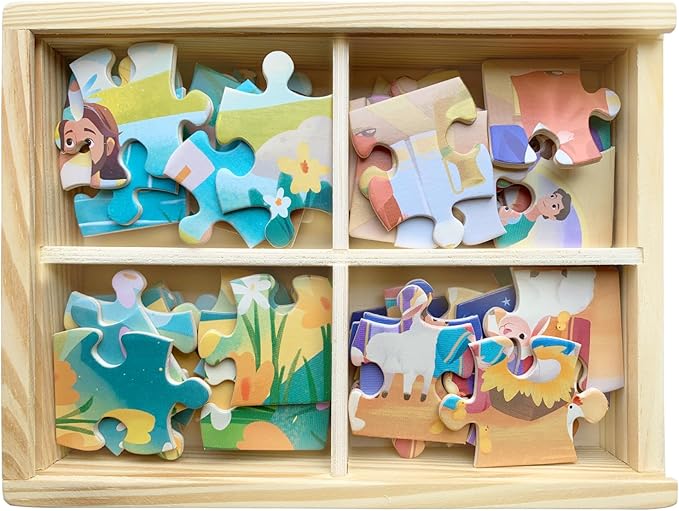 Bible Themed 4-in-1 Wooden Jigsaw Puzzles in Box, 15 Piece Each, Christian Religious Nativity Toys for Kids, Easter Christmas Puzzle for Kids (New Testament)