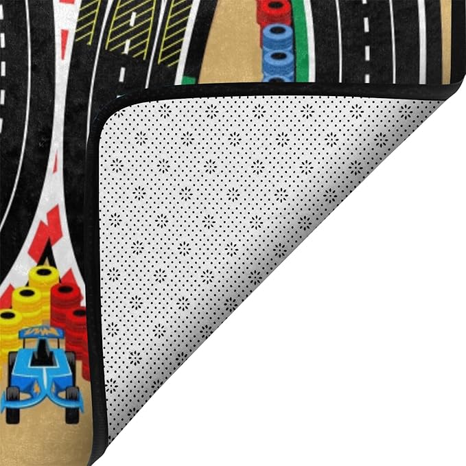 Racing Games Rug, 5x7 Ft Kids Carpet with Rubber Backing, 3D Cross Country Road Race Track Playmat Rugs Racing Karting Start and Finish line Play Mat Nursery Rugs for Children Room, Playroom