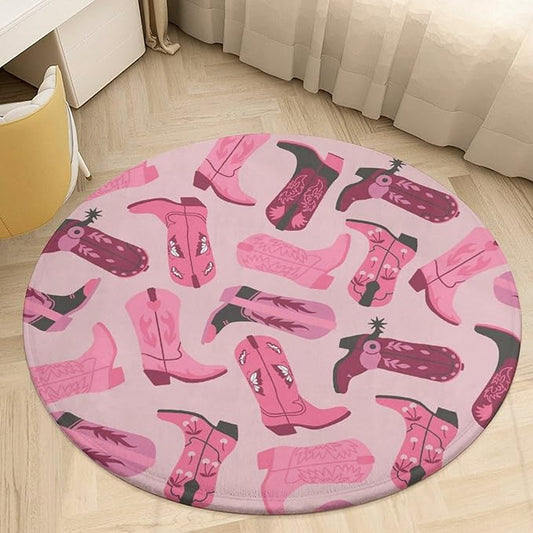 Round Area Rugs 3Ft Cowboy Cowgirl Boots Play Room Mat Non-Slip Trendy Pink Colors Floor Mats Soft Absorbent Carpet Decor for Living Room Bedroom Kitchen